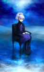  absurdres chair darker_than_black highres red_eyes silver_hair sitting sky water yin 