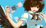  bad_id bad_pixiv_id bow bowtie brown_hair camera chagen_kokimu dress_shirt hair_ornament highres looking_at_viewer open_mouth red_eyes shameimaru_aya shirt short_hair smile solo stick touhou upper_body wings 