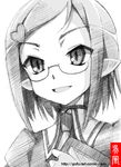  glasses gofu greyscale hair_ornament hairclip heart judit_snorrevik lotte_no_omocha! monochrome pointy_ears short_hair sketch smile solo spot_color traditional_media 