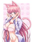  animal_ears asa_(xametaler) between_breasts blush bra breasts cat_ears cat_tail glasses jewelry large_breasts lingerie long_hair naughty_face navel necktie open_clothes open_mouth original pink_bra pink_hair purple_eyes slender_waist solo tail toned underwear 