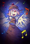  acrylic_paint_(medium) earrings fang hat jewelry kawachi_koorogi music musical_note mystia_lorelei one_eye_closed outstretched_hand singing solo touhou traditional_media wings 