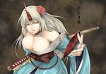  blonde_hair breasts cleavage collar fingernails flower hair_flower hair_ornament horn hoshiguma_yuugi hoshiguma_yuugi_(promo) japanese_clothes katana kimono large_breasts long_hair muchakushoku nail_art nail_polish off_shoulder red_eyes solo sword touhou weapon 