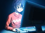  ayakashi ayakashi_h blue_hair brown_eyes computer dark game_cg glowing keyboard_(computer) kusaka_yuu male_focus monitor mouse_(computer) solo surprised toma_(asagayatei) 