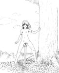  armlet bad_id bad_pixiv_id blush breasts full_body graphite_(medium) greyscale harumachi_nagaaki highres looking_at_viewer masturbation monochrome nipples nude object_insertion original outdoors planted_sword planted_weapon pussy shoes small_breasts solo standing sword traditional_media tree weapon 