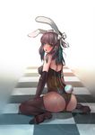  animal_ears ass blue_eyes brown_hair bunny_ears bunny_girl bunny_tail bunnysuit checkered checkered_floor elbow_gloves gloves hair_ribbon huansewuse looking_back original pantyhose ribbon single_glove sitting solo tail thighhighs wariza 