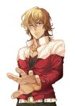  barnaby_brooks_jr belt blonde_hair blue_eyes glasses jacket jewelry male_focus necklace outstretched_hand red_jacket simple_background solo studded_belt tiger_&amp;_bunny tomozo_kaoru white_background 