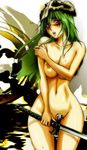  bleach covering_breasts green_hair katana long_hair neliel_tu_oderschvank nipples nude skull yellow_eyes 