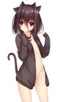  animal_ears bad_id bad_pixiv_id bangs bell bell_collar blush bottomless brown_hair cat_ears cat_tail choker collar flat_chest groin itou_nanami naked_shirt naked_sweater navel open_clothes open_shirt original red_eyes shirt short_hair simple_background solo sweater tail white_background 