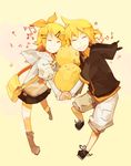  1girl bird blonde_hair brother_and_sister glider_(artist) grin hair_ornament hair_ribbon hairclip hood hoodie kagamine_len kagamine_rin musical_note ribbon short_hair shorts siblings simple_background smile twins vocaloid 