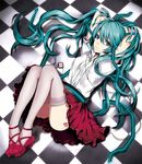  aqua_eyes aqua_hair arisaka_ako bad_id bad_pixiv_id digital_media_player earphones hatsune_miku long_hair shoes skirt solo thighhighs twintails very_long_hair vocaloid zettai_ryouiki 