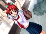  brown_eyes casual_romance_club gym_bag houkago_ren-ai_club looking_at_viewer plaid_hair_ribbon red_hair school_bag school_uniform summer_school_uniform 