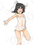  ahoge animal_ears armpits bad_id bad_pixiv_id barefoot black_hair bunny_ears dust_box face flat_chest hands highres inaba_tewi nipples open_mouth red_eyes see-through short_hair sketch smile solo touhou water wet wet_clothes 