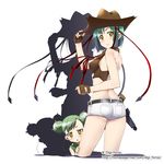  :&lt; arksign bare_back bare_shoulders blush bustier cactus cowboy_hat cropped_legs double_bun fingerless_gloves from_behind gloves green_hair hand_on_headwear hat kimura_shigetaka lingerie looking_back multiple_girls personification ribbon short_hair short_shorts shorts staring tareme tsurime underwear western yellow_eyes 