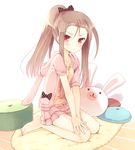  :3 annoyed bad_id bad_pixiv_id barefoot bow brown_hair bunny forehead frown hair_bow hood hoodie idolmaster idolmaster_(classic) komi_zumiko legs long_hair minase_iori pillow polka_dot ponytail pout purple_eyes sitting skirt solo wariza 