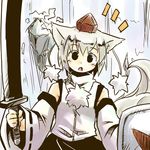  animal_ears bare_shoulders blush detached_sleeves face hat inubashiri_momiji open_mouth shield short_hair silver_hair solo sword tail tokin_hat touhou upper_body water waterfall weapon white_hair wolf_ears wolf_tail yudepii 