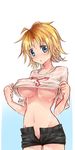  bad_id bad_pixiv_id blonde_hair blue_eyes breasts final_fantasy final_fantasy_x genderswap genderswap_(mtf) large_breasts navel no_panties open_mouth oshiruko_(tsume) see-through short_hair shorts solo tidus underboob unzipped wet wet_clothes 
