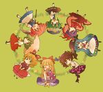  ascot barefoot blonde_hair blue_eyes blue_hair bow brown_hair chibi circle_formation closed_eyes double_spoiler dress everyone food fruit geta green_hair hair_bobbles hair_bow hair_ornament hair_ribbon hat himekaidou_hatate hinanawi_tenshi horns ibuki_suika immaterial_and_missing_power indian_style kazami_yuuka long_hair medicine_melancholy meeko multiple_girls nagae_iku one_eye_closed onozuka_komachi open_mouth orange_hair peach phantasmagoria_of_flower_view pink_hair plaid plaid_skirt purple_eyes purple_hair red_eyes ribbon rod_of_remorse saturday_night_fever scarlet_weather_rhapsody scythe shiki_eiki short_hair sitting skirt tengu-geta tokin_hat touhou two_side_up 