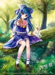  alternate_color bad_id bad_pixiv_id blue_hair blush bobby_socks bunny embarrassed forest fs-project gift hakurei_reimu head_tilt highres holding holding_gift in_tree kouhaku_nawa loafers nail_polish nature player_2 red_eyes shoes sitting sitting_in_tree socks solo tassel tears touhou tree valentine watermark white_sleeves 