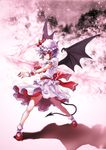  absurdres bat_wings blood bloody_tears blue_hair demon_tail dress feng_shui_(daleilang) hat hat_ribbon highres legs red_eyes remilia_scarlet ribbon short_hair solo tail touhou weapon wings wrist_cuffs 