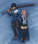  1girl blue_hair book height_difference hips hiraga_saito hood hoodie long_hair louise_francoise_le_blanc_de_la_valliere pink_eyes pink_hair school_uniform short_hair simple_background sword taikoubou_(ace) thighhighs wand weapon zero_no_tsukaima zettai_ryouiki 