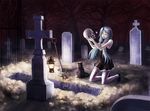  blue_eyes cat dress eyes_closed female grave graveyard heart hole lamp shovel skull smile solo thighhighs tombstone twin_tails 