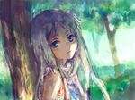 against_tree ano_hi_mita_hana_no_namae_wo_bokutachi_wa_mada_shiranai. blue_eyes head_tilt honma_meiko light_smile long_hair looking_at_viewer oekaki pooj solo tree 