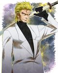  amada blonde_hair formal glaring highres male_focus match_(toriko) smile solo suit sword toriko toriko_(series) weapon 