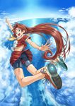  ass bad_id bad_pixiv_id bike_shorts blue_eyes brown_hair cloud flying long_hair original outstretched_arms pirano school_uniform shoes skirt sky sneakers solo spread_arms water 
