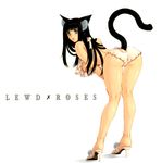  back bent_over black_eyes black_hair breasts cat_tail high_heels keishi_kanesada kemonomimi large_breasts looking_back nekomimi nipples oppai oshiri pantsu tail 