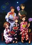  3girls absurdres aerial_fireworks asahina_mikuru everyone fan fireworks highres japanese_clothes koizumi_itsuki kyon moon multiple_boys multiple_girls nagato_yuki nishiya_futoshi official_art paper_fan suzumiya_haruhi suzumiya_haruhi_no_yuuutsu uchiwa 