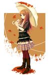  brown_eyes brown_hair kitagawa_unagi leaf long_hair original pantyhose solo umbrella 