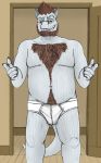  2019 5_fingers anthro arlin_oxer_(character) beard belly biped blue_eyes body_hair briefs bulge chest_hair claws clothed clothing detailed_background dragonborn dungeons_&amp;_dragons facial_hair feathers hair hi_res horn humanoid_hands inside looking_at_viewer male matydraws_(artist) moobs navel overweight overweight_male penis_outline plantigrade portrait pubes scales scalie smile smirk smug solo standing teeth three-quarter_portrait topless underwear 