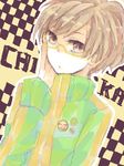  brown_eyes brown_hair glasses jacket persona persona_4 satonaka_chie short_hair smiley_face solo tegaki track_jacket yellow-framed_eyewear 