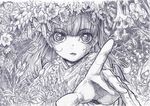  bangs blunt_bangs eyelashes flower greyscale hands long_hair monochrome open_mouth original outstretched_arm outstretched_hand plant sakino_shingetsu sketch solo traditional_media vines 