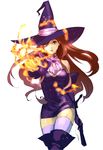 boots breasts brown_hair cleavage female fire gloves green_eyes hat highres long_hair original solo thighhighs thighighs white_background witch witch_hat 
