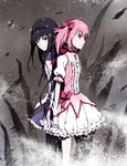  akemi_homura azmodan back-to-back bad_id bad_pixiv_id black_hair bubble_skirt choker hairband highres holding_hands kaname_madoka long_hair magical_girl mahou_shoujo_madoka_magica multiple_girls pantyhose pink_eyes pink_hair puffy_sleeves purple_eyes red_choker short_hair short_twintails skirt twintails 