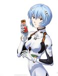  absurdres ayanami_rei blue_hair bodysuit breasts can canned_coffee coffee covered_collarbone evangelion:_2.0_you_can_(not)_advance hair_ornament highres holding looking_at_viewer matsubara_hidenori medium_breasts neon_genesis_evangelion official_art page_number pilot_suit plugsuit product_placement rebuild_of_evangelion red_eyes scan short_hair simple_background solo ucc_coffee white_background white_bodysuit 