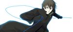  aura black_hair darker_than_black gloves hei highres long_image red_eyes short_hair simple_background trench_coat trenchcoat weapon wide_image wire 