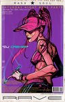  2002 barcode copyright_request dated earrings hat hat_over_eyes hidden_eyes jewelry limha_lekan lipstick makeup pink_hair purple_background rave_party scan twintails visor_cap watch 