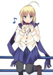  ahoge artist_request artoria_pendragon_(all) black_legwear blonde_hair blue_scarf blush eating fate/stay_night fate_(series) fence food green_eyes hair_ribbon musical_note pantyhose pleated_skirt potato ribbon saber scarf skirt solo sweet_potato winter_clothes 