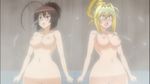  2girls bath blonde blue_eyes blush breasts brown_eyes brown_hair dragonworld hair_back large_breasts long_hair musubi navel nipples nude open_mouth oppai oshiri sekirei tattoo tsukiumi wet 