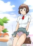  ayase_fuuka bag blush bob_cut brown_eyes brown_hair eyebrows koiwai_yotsuba legs multiple_girls panties pantyshot plaid plaid_skirt school_bag school_uniform short_hair skirt skirt_lift thick_eyebrows ueyama_michirou underwear wind wind_lift yotsubato! 