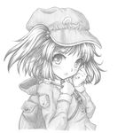  backpack bag blush face graphite_(medium) greyscale hair_bobbles hair_ornament hand_on_own_chest hand_on_own_face hat kawashiro_nitori key monochrome open_mouth short_hair solo touhou traditional_media two_side_up yuran_(kuen-hien) 