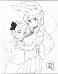  animal_ears bad_id bad_pixiv_id blush bow bunny_ears bunny_tail greyscale hair_bow hand_on_another's_head height_difference hug konpaku_youmu konpaku_youmu_(ghost) koyama_shigeru light_smile long_hair monochrome multiple_girls necktie reisen_udongein_inaba short_hair skirt smile sweatdrop tail touhou translated wavy_mouth 