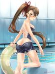  blush brown_eyes brown_hair innertube large_beasts long_hair mizugi one-piece one-piece_swimsuit oppai ponytail pool posterior_cleavage pout water wet 