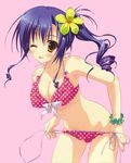  :p absurdres bikini blue_hair blush breasts cleavage copyright_request covered_nipples flower frilled_bikini frills front-tie_top hair_flower hair_ornament highres large_breasts navel one_eye_closed polka_dot polka_dot_bikini polka_dot_swimsuit ryouka_(suzuya) side-tie_bikini sideboob solo swimsuit tongue tongue_out untied wristband yellow_eyes 