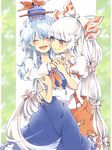  blue_hair blush bow closed_eyes dress fujiwara_no_mokou hair_bow hand_on_another's_chest hug kamishirasawa_keine long_hair multiple_girls shinoasa smile touhou white_hair 