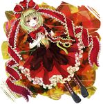  bad_id bad_pixiv_id blonde_hair boots bow cross-laced_footwear dress frills front_ponytail green_eyes green_hair hair_bow hair_ribbon hands_clasped jaku_sono kagiyama_hina lace-up_boots long_hair open_mouth own_hands_together red_dress ribbon smile solo touhou 