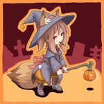 broom brown_hair chibi halloween hat inumimi jack-o&#039;-lantern kemonomimi mouth_hold pocky pumpkin red_eyes tagme tail witch witch_hat wolf_ears wolf_tail 