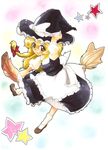  apron black_dress blonde_hair broom broom_riding brown_eyes buttons dress full_body hat kirisame_marisa looking_at_viewer puffy_short_sleeves puffy_sleeves shie_(m417) shoes short_sleeves sitting solo star straddling touhou traditional_media upright_straddle waist_apron witch_hat 